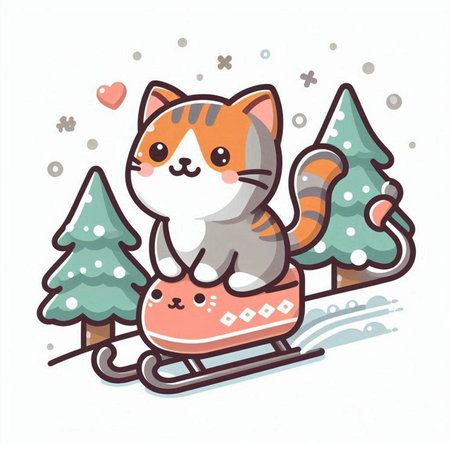 Cute cat in a sleigh. Vector illustration on white background.のイラスト素材