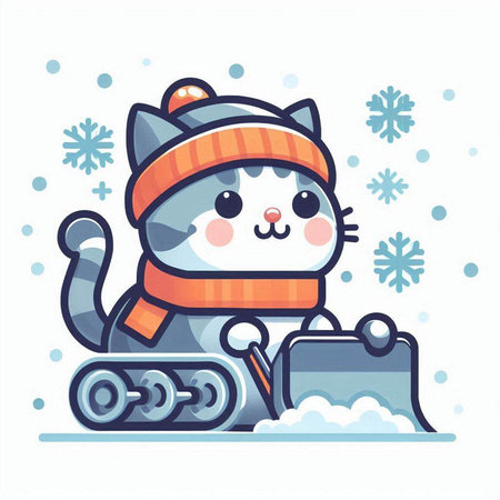 Cute cat in winter clothes with a bag of gifts. Vector illustration.のイラスト素材