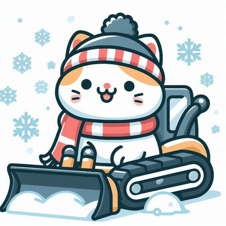 Cute cat playing snowplow in winter. Vector illustration.のイラスト素材