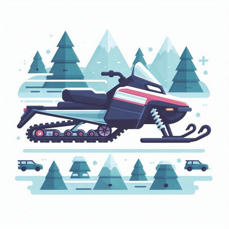 Snowmobile in the winter forest. Vector illustration in flat style.のイラスト素材