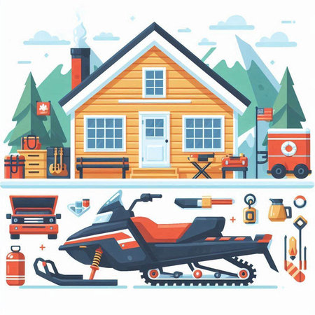 Vector flat illustration of a snowmobile on the background of the house.のイラスト素材