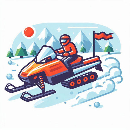 Snowmobiling in the mountains. Vector illustration in cartoon style.のイラスト素材
