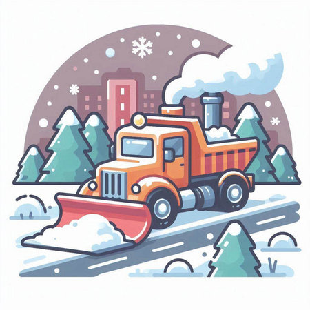 Snow plow in the city. Vector illustration in flat style.のイラスト素材