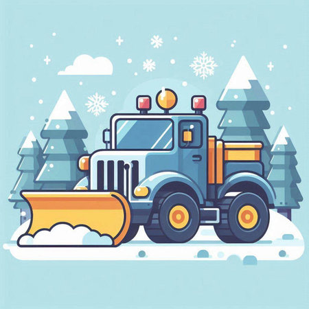 Snow plow in the winter forest. Flat style vector illustration.のイラスト素材
