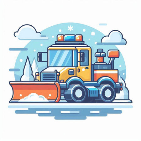 Snowplow on the road. Vector illustration in flat style.のイラスト素材