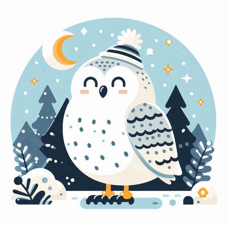 Snowy owl in winter forest. Vector illustration in flat style.のイラスト素材