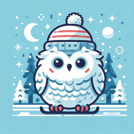 Cute cartoon owl with winter hat and scarf. Vector illustration.のイラスト素材
