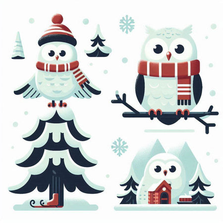 Snowman, owl, snowflake, christmas tree, vector illustrationのイラスト素材