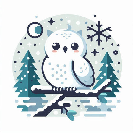 Snowy owl in winter forest. Cute cartoon character. Vector illustration.のイラスト素材