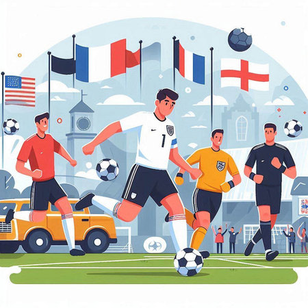 Soccer players. Vector illustration in flat cartoon style. Football match.のイラスト素材