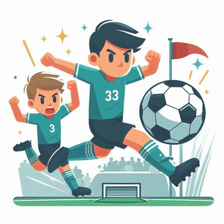 Soccer player kicking the ball. Vector illustration in cartoon style.のイラスト素材