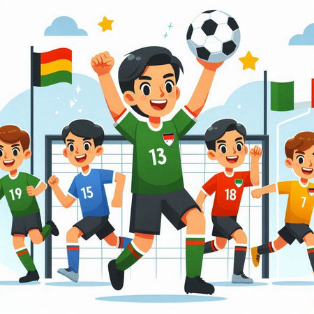 Cartoon soccer players holding ball and flag. Vector illustration in flat styleのイラスト素材