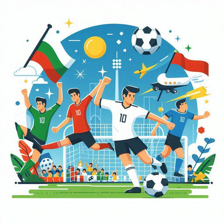 Soccer players in action with flags and balls. Vector illustration.のイラスト素材