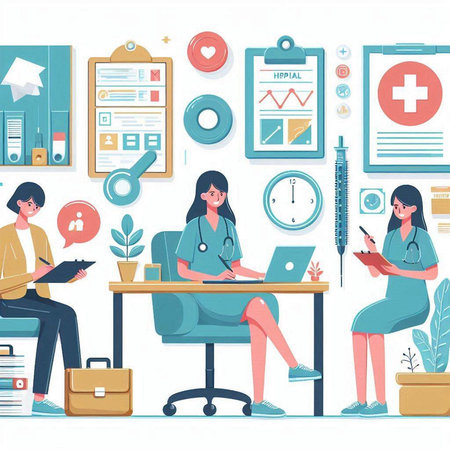 Medical healthcare concept. Flat vector illustration. Doctor and patient sitting at the table.のイラスト素材