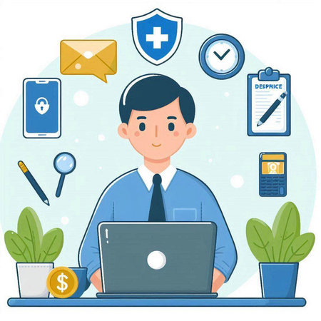 Vector illustration of a businessman in a blue shirt with a laptop in his hands.のイラスト素材