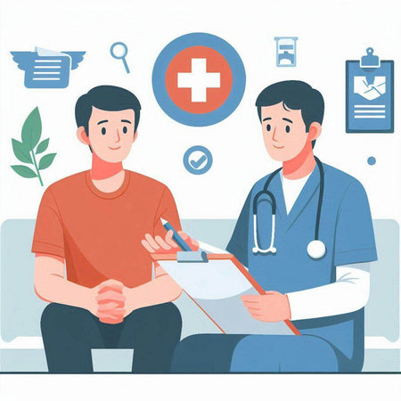 Doctor and patient. Vector illustration in flat style. Health care concept.のイラスト素材
