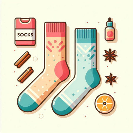 Set of colorful socks with different types of aromatic spices. Vector illustration.のイラスト素材