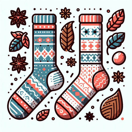 Set of Christmas socks with different patterns. Hand drawn vector illustration.のイラスト素材