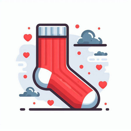 Red christmas sock with hearts. Vector illustration in flat style.のイラスト素材