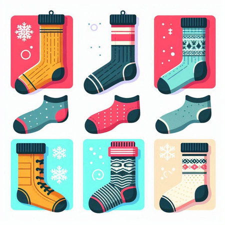Set of Christmas socks with different patterns. Vector illustration in flat styleのイラスト素材