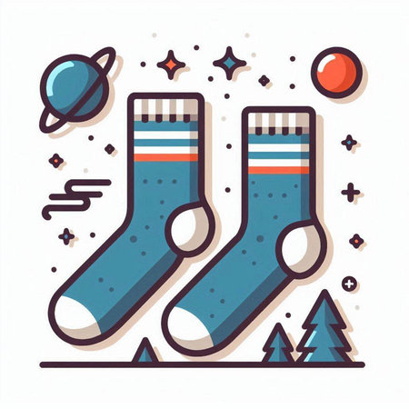 Socks and planets. Vector illustration in flat linear style on white background.のイラスト素材