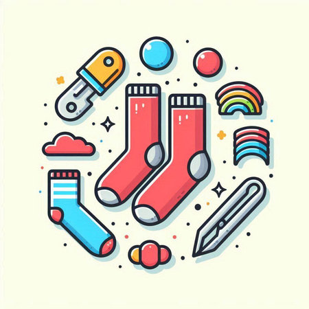 Colorful linear icons set of socks, pencils, rainbow and other things. Vector illustrationのイラスト素材