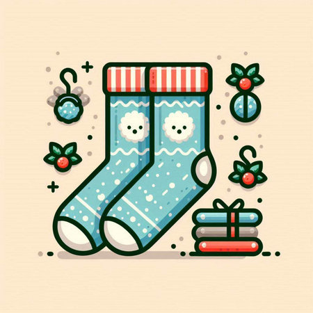 Christmas greeting card with cute socks. Vector illustration in flat style.のイラスト素材