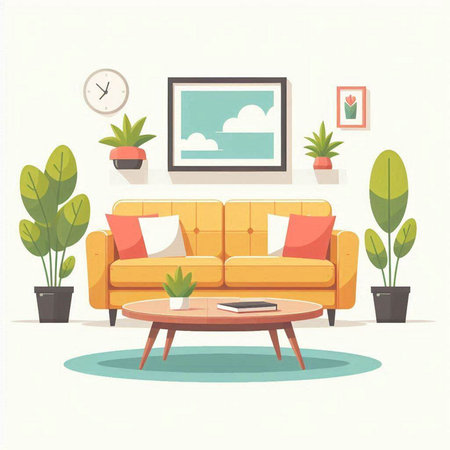 Living room interior with sofa, table and plants. Flat style vector illustration.のイラスト素材