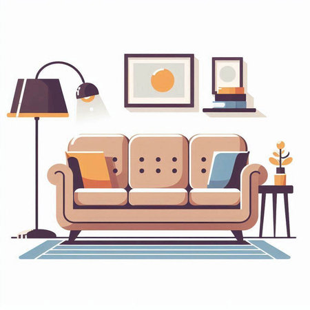 Living room interior with sofa, lamp and picture frame. Vector illustration.のイラスト素材