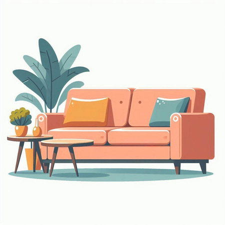 Living room interior with sofa, coffee table and plant. Vector illustrationのイラスト素材