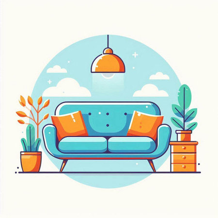 Modern living room with sofa, lamp and plants. Flat vector illustration.のイラスト素材