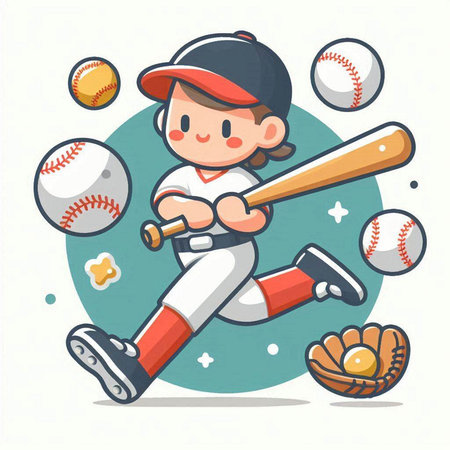 Little boy baseball player with ball and bat. Cartoon vector illustration.のイラスト素材