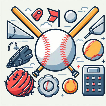 Vector illustration of sport equipment. Baseball, baseball bat, ball, bat, ball, baseball glove and calculator.のイラスト素材