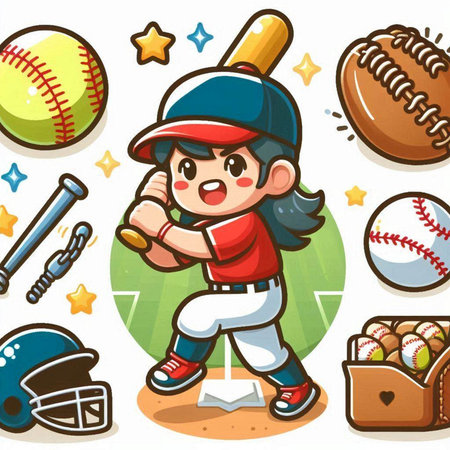 Cartoon baseball player and sport elements. Vector clip art illustration.のイラスト素材
