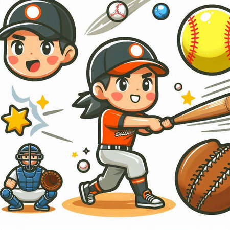 Cartoon Illustration of Kids Playing Baseball and Batting Sport Objectsのイラスト素材