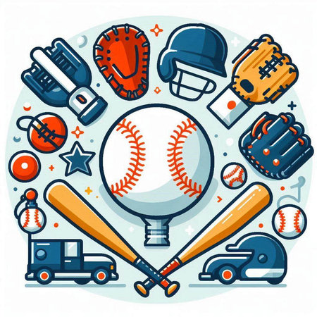 Vector illustration of sport equipment. Baseball, baseball bat, ball, helmet, ball, truck.のイラスト素材