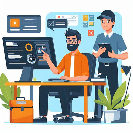 Programmers working on web development, coding, programming and coding. Programmer with tablet and computer. Vector illustrationのイラスト素材