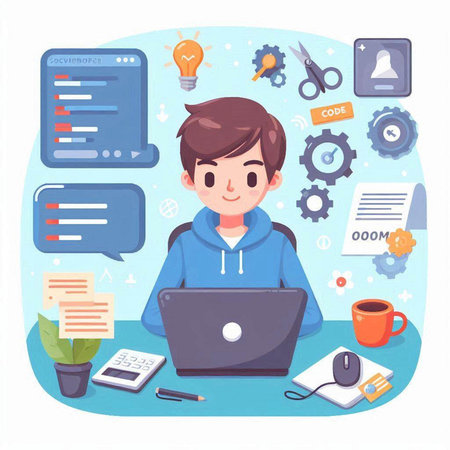 Young man sitting at table with laptop and thinking about new ideas. Vector illustrationのイラスト素材