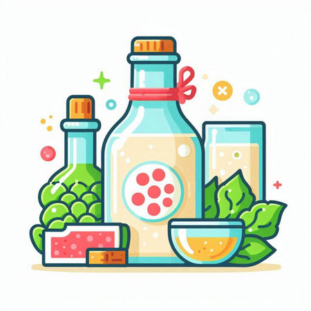 Bottle of olive oil and spices. Vector illustration in flat styleのイラスト素材