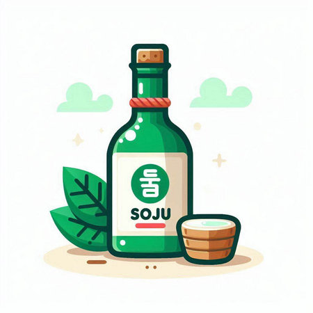 Soy sauce bottle and bowl with soy sauce. Vector illustration.のイラスト素材