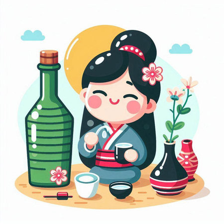 Korean girl in traditional clothes drinking sake. Vector cartoon illustration.のイラスト素材