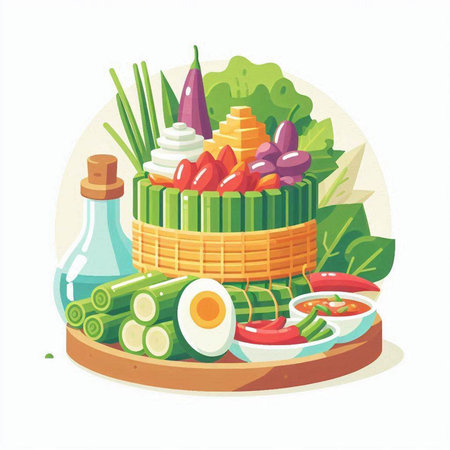 Vector illustration of fresh vegetables in a basket on a white background.のイラスト素材