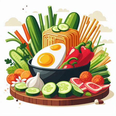 Vegetarian food vector illustration. Vegetables and eggs in a pan.のイラスト素材