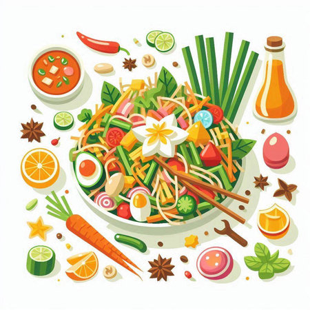 Noodles with vegetables and spices. Asian cuisine. Vector illustrationのイラスト素材