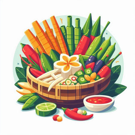 Thai food vector illustration in flat cartoon style. Sliced chili, papaya, lemongrass, cucumber, pepper, lime, chilli, tomato, garlic, hot chili sauceのイラスト素材