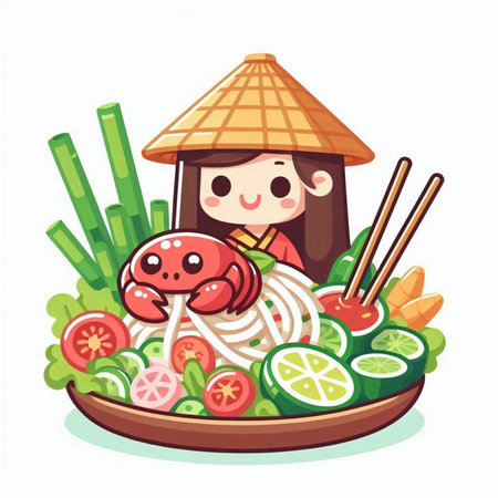 Illustration of a Cute Little Girl with Sushi and Vegetablesのイラスト素材