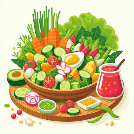 Vegetable salad with tomato, cucumber, carrot, onion, pepper, tomato, parsley and mayonnaise. Vector illustration.のイラスト素材