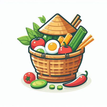 Illustration of a basket full of healthy food. Vector illustration.のイラスト素材