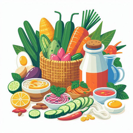Vegetarian food. Vector illustration of a basket with vegetables, eggs and sauce.のイラスト素材