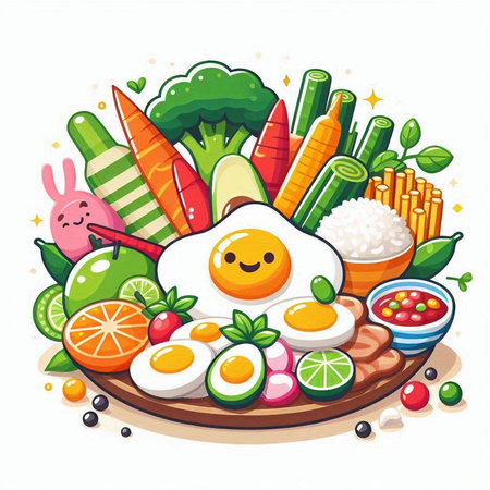 Vector illustration of healthy food with eggs and vegetables on white background.のイラスト素材